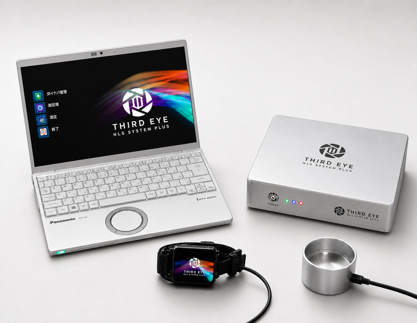 量子波動検査解析器サードアイ システム構成（専用PC・本体ユニット・リストインダクター・カップ）
